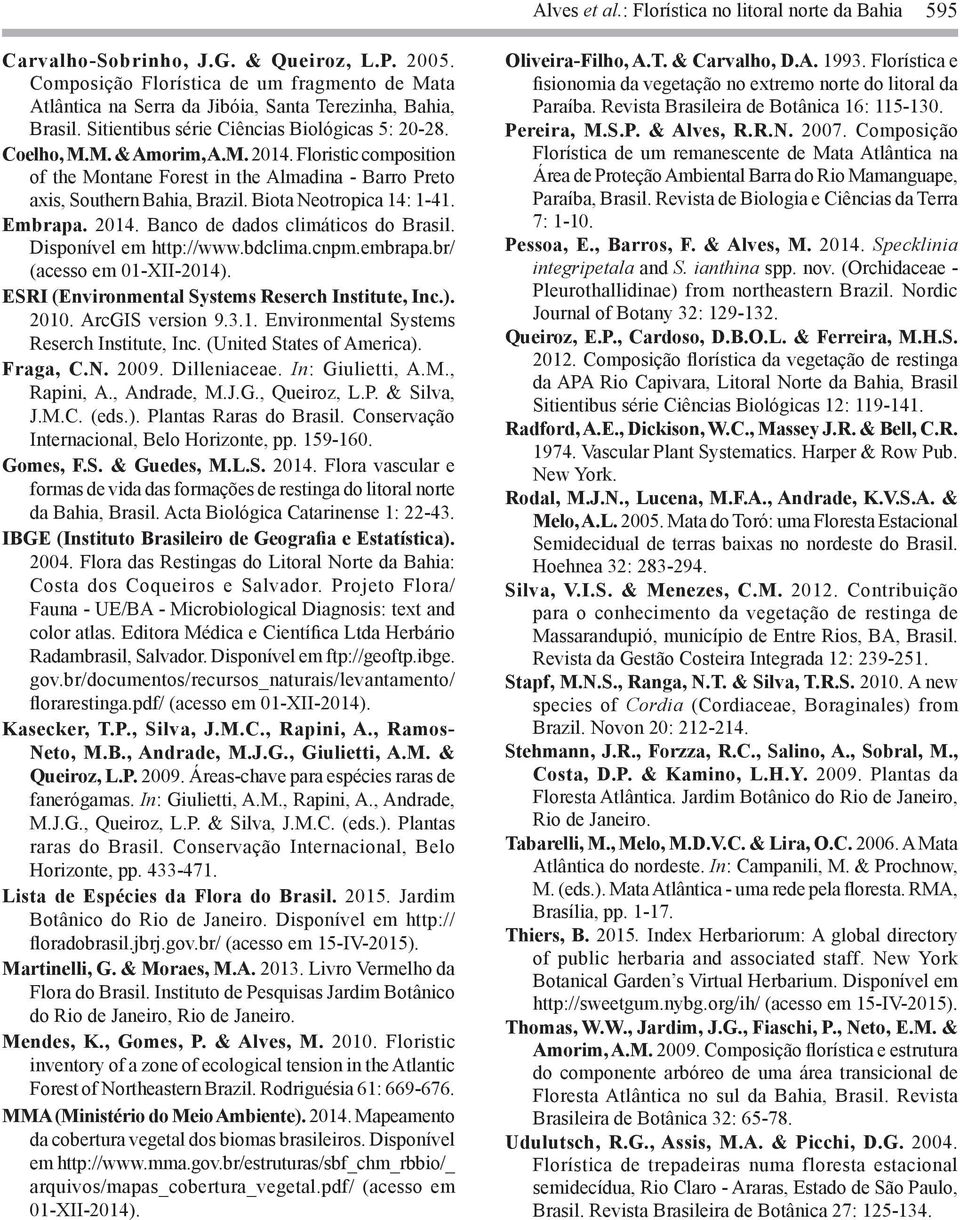 Floristic composition of the Montane Forest in the Almadina - Barro Preto ais, Southern Bahia, Brazil. Biota Neotropica 14: 1-41. Embrapa. 2014. Banco de dados climáticos do Brasil.