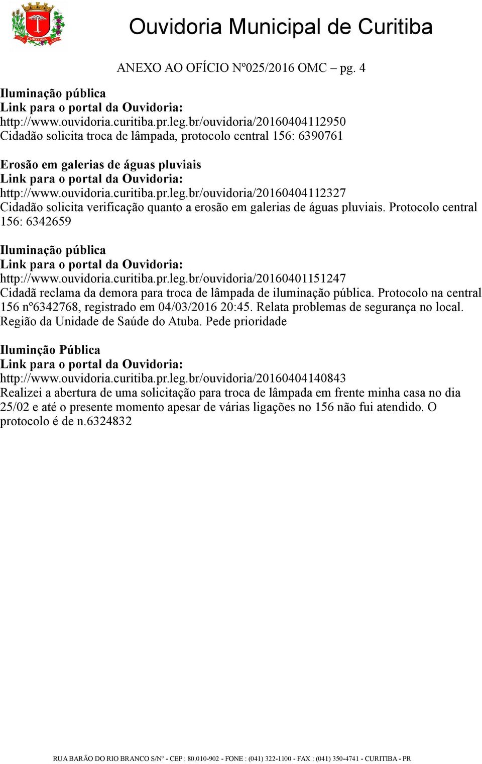 br/ouvidoria/20160404112327 Cidadão solicita verificação quanto a erosão em galerias de águas pluviais. Protocolo central 156: 6342659 http://www.ouvidoria.curitiba.pr.leg.