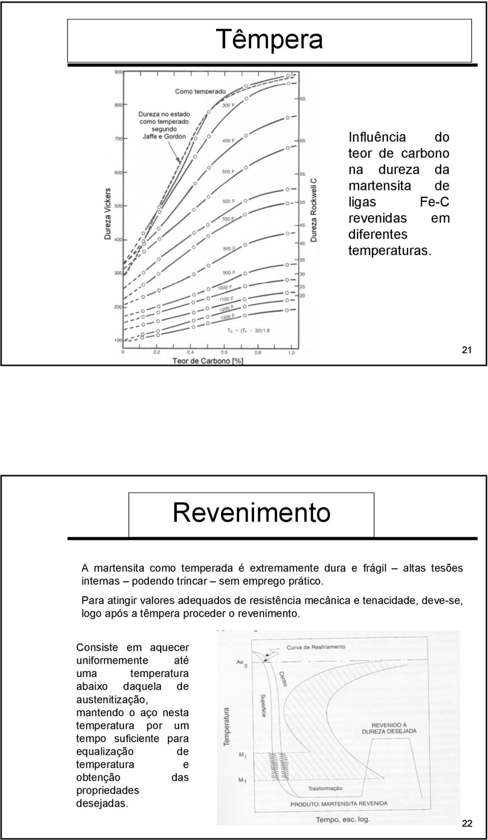 Para atingir valores adequados de resistência mecânica e tenacidade, deve-se, logo após a têmpera proceder o revenimento.