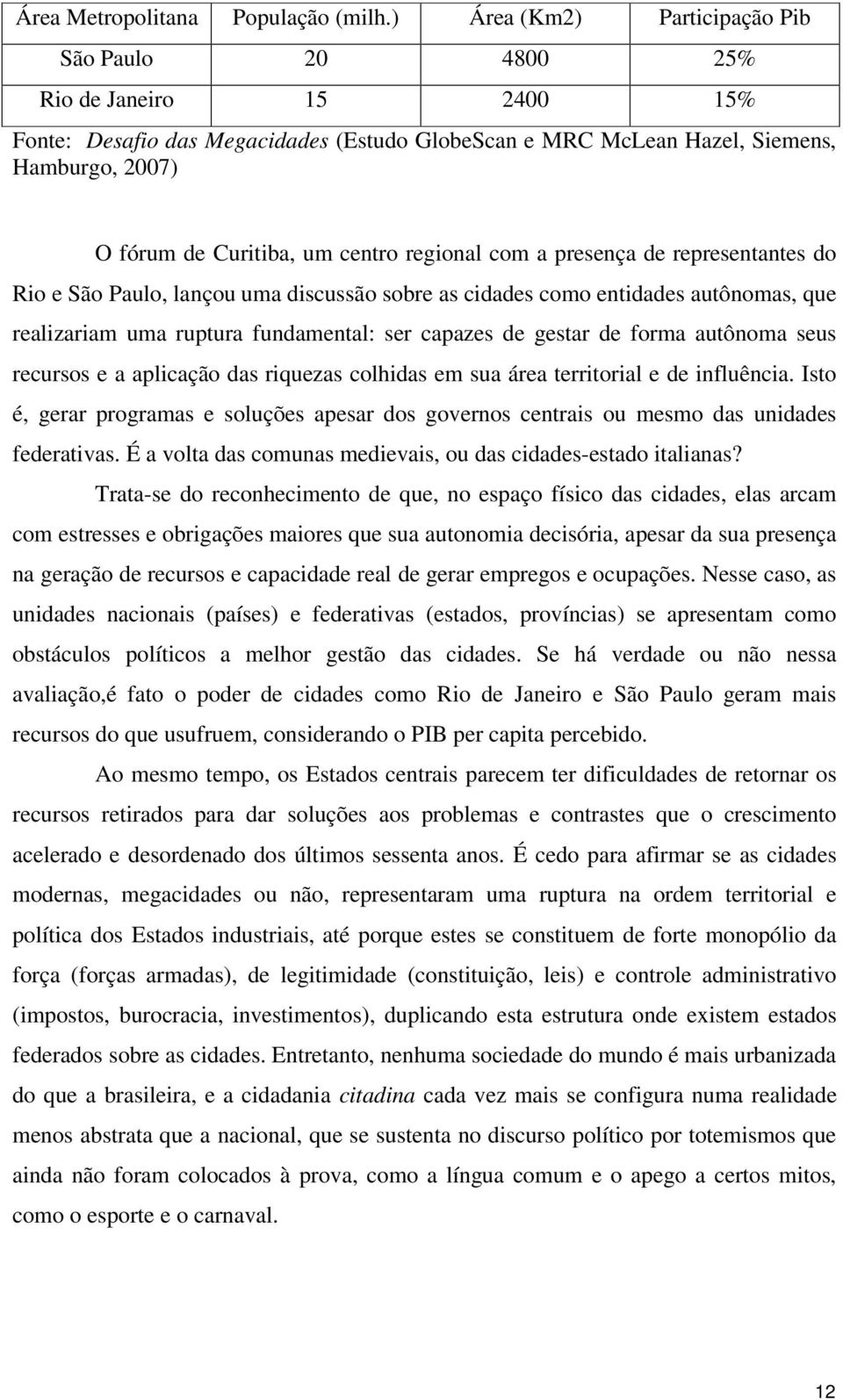 centro regional com a presença de representantes do Rio e São Paulo, lançou uma discussão sobre as cidades como entidades autônomas, que realizariam uma ruptura fundamental: ser capazes de gestar de