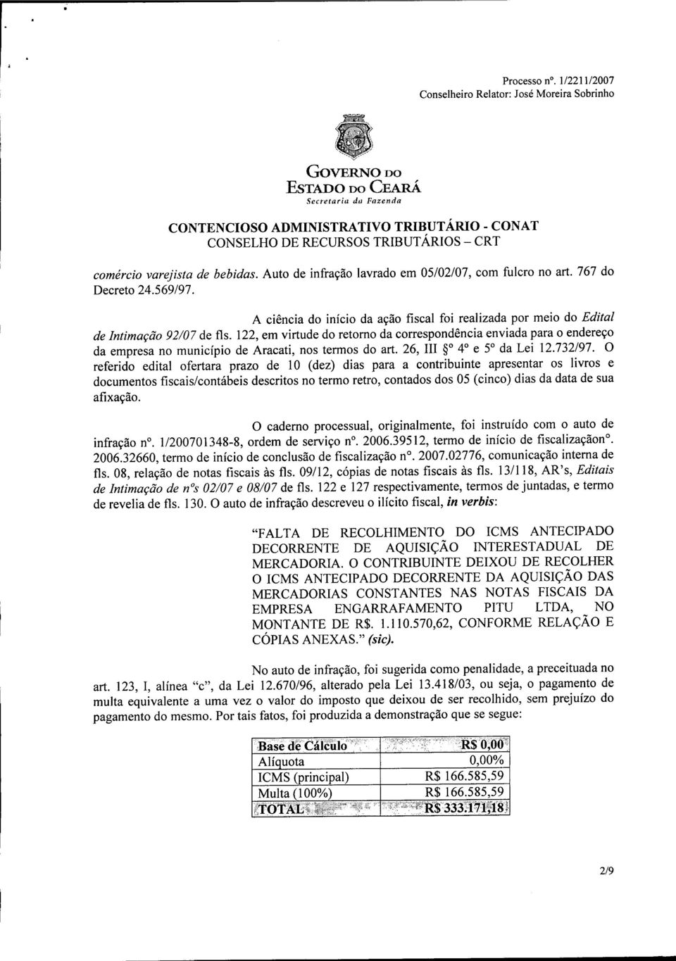 122, em virtude do retomo da correspondência enviada para o endereço da empresa no município de Aracati, nos termos do art. 26, In SO 4 e 5 da Lei 12.732/97.