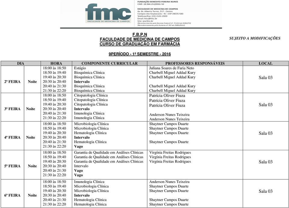 Estágio Juliana Soares de Faria Neto Bioquímica Clínica Bioquímica Clínica Sala 03 Bioquímica Clínica Bioquímica Clínica 3ª FEIRA Noite 4ª FEIRA Noite 5ª FEIRA Noite 6ª FEIRA Noite Citopatologia