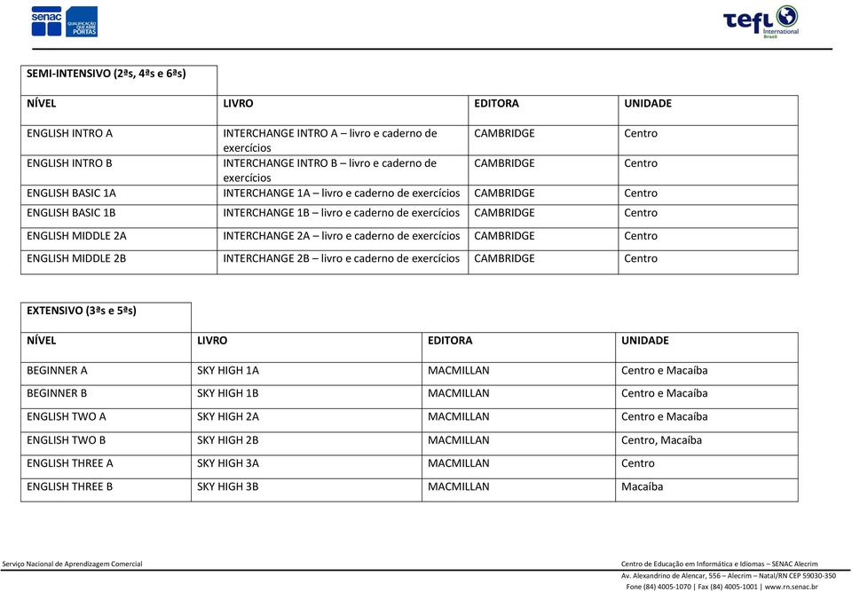 EXTENSIVO (3ªs e 5ªs) BEGINNER A SKY HIGH 1A MACMILLAN Centro e Macaíba BEGINNER B SKY HIGH 1B MACMILLAN Centro e Macaíba ENGLISH TWO A SKY HIGH 2A MACMILLAN Centro e Macaíba ENGLISH TWO B SKY HIGH