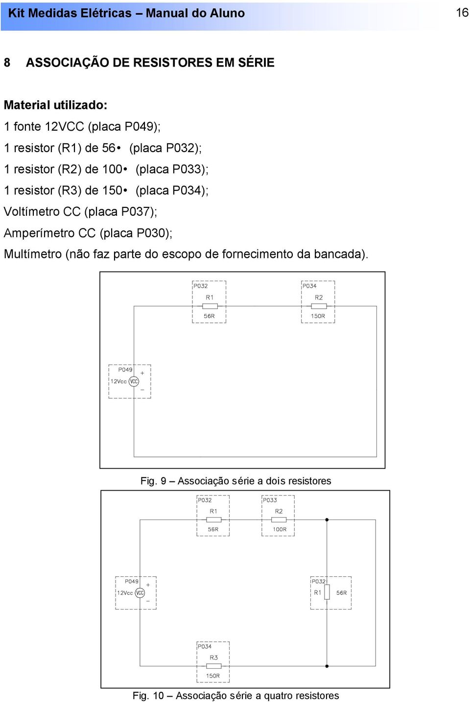 Voltímetro CC (placa P037); Amperímetro CC (placa P030); Multímetro (não faz parte do escopo de
