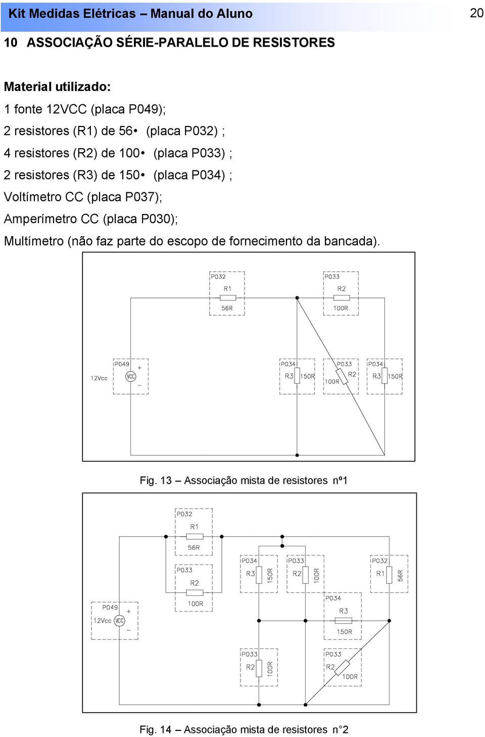 (placa P034) ; Voltímetro CC (placa P037); Amperímetro CC (placa P030); Multímetro (não faz parte do