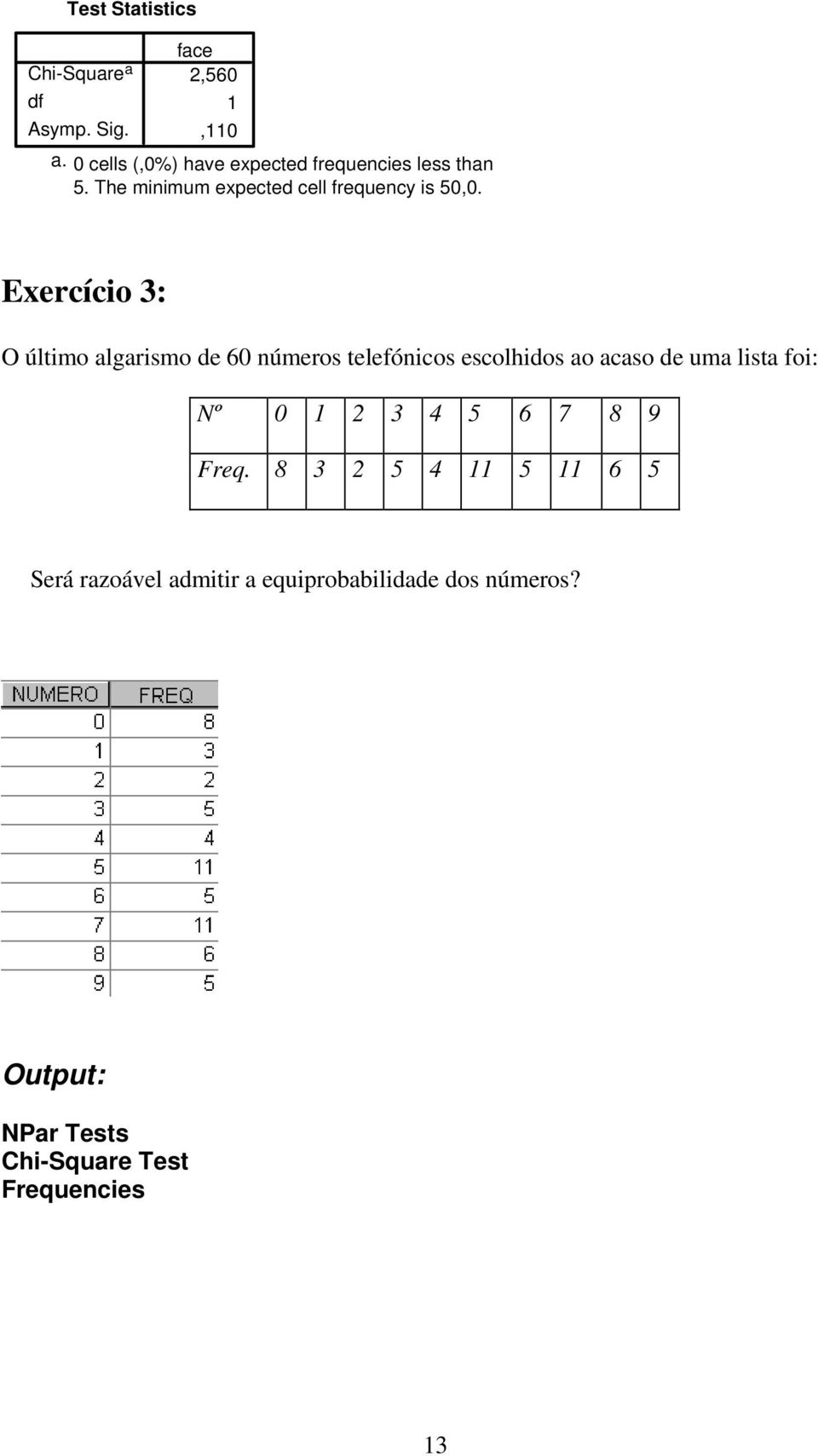 Exercício 3: O último algarismo de 60 números telefónicos escolhidos ao acaso de uma lista foi: Nº