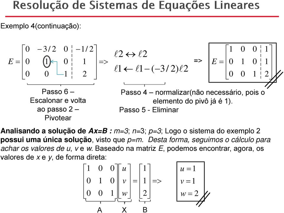 Passo 5 - liminar Analisando a solução de AB : m; n; p; Logo o sistema do eemplo possui uma única solução,