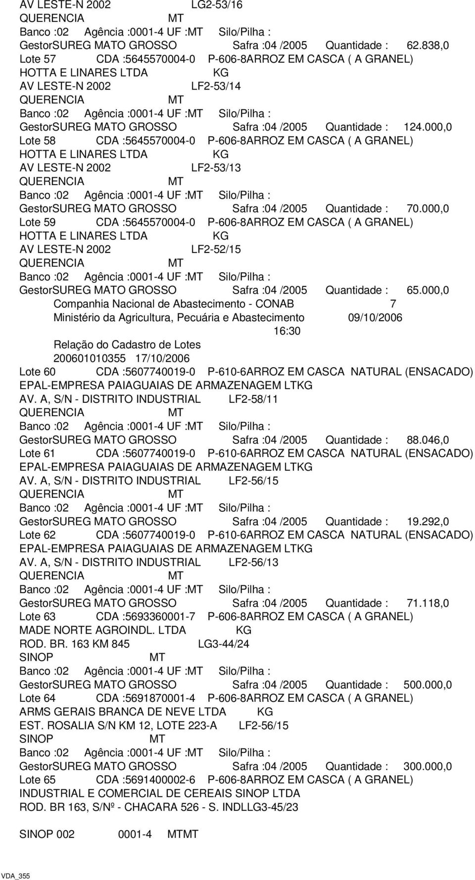 000,0 Lote 58 CDA :5645570004-0 P-606-8ARROZ EM CASCA ( A GRANEL) AV LESTE-N 2002 LF2-53/13 GestorSUREG MATO GROSSO Safra :04 /2005 Quantidade : 70.