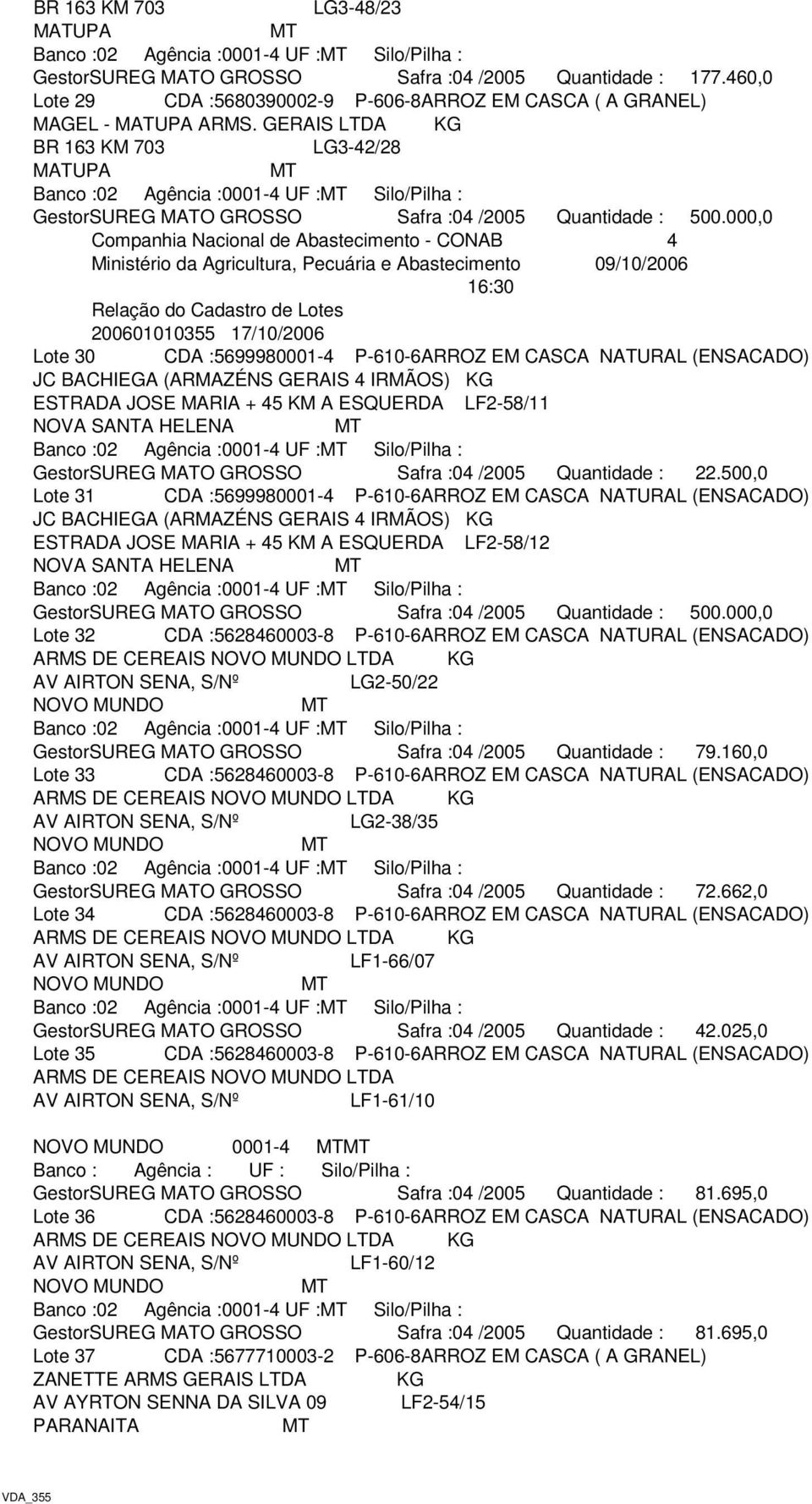 ESTRADA JOSE MARIA + 45 KM A ESQUERDA LF2-58/11 NOVA SANTA HELENA GestorSUREG MATO GROSSO Safra :04 /2005 Quantidade : 22.