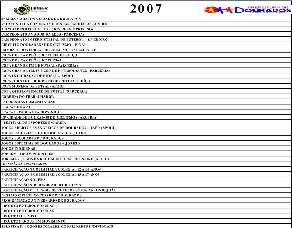 (PARCERIA) COPA GRANDE FM/FUNCED DE FUTEBOL SUÍÇO (PARCERIA) COPA INTEGRAÇÃO DE FUTSAL APOIO COPA JORNAL O PROGRESSO DE FUTEBOL SUÍÇO COPA MORENA DE FUTSAL (APOIO) COPA OSHIRO/FUNCED DE FUTSAL