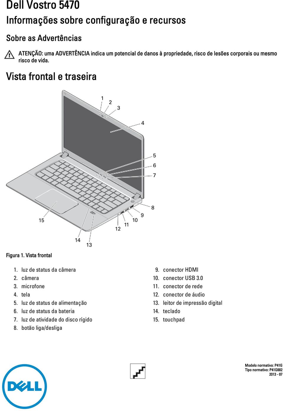 tela 5. luz de status de alimentação 6. luz de status da bateria 7. luz de atividade do disco rígido 8. botão liga/desliga 9. conector HDMI 10.