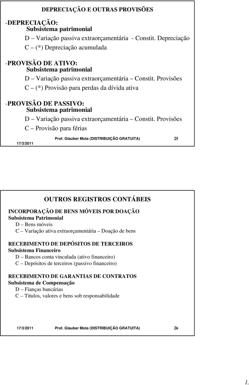 Provisões C (*) Provisão para perdas da dívida ativa -PROVISÃO DE PASSIVO: Subsistema patrimonial D Variação passiva extraorçamentária Constit. Provisões C Provisão para férias 17/3/2011 Prof.