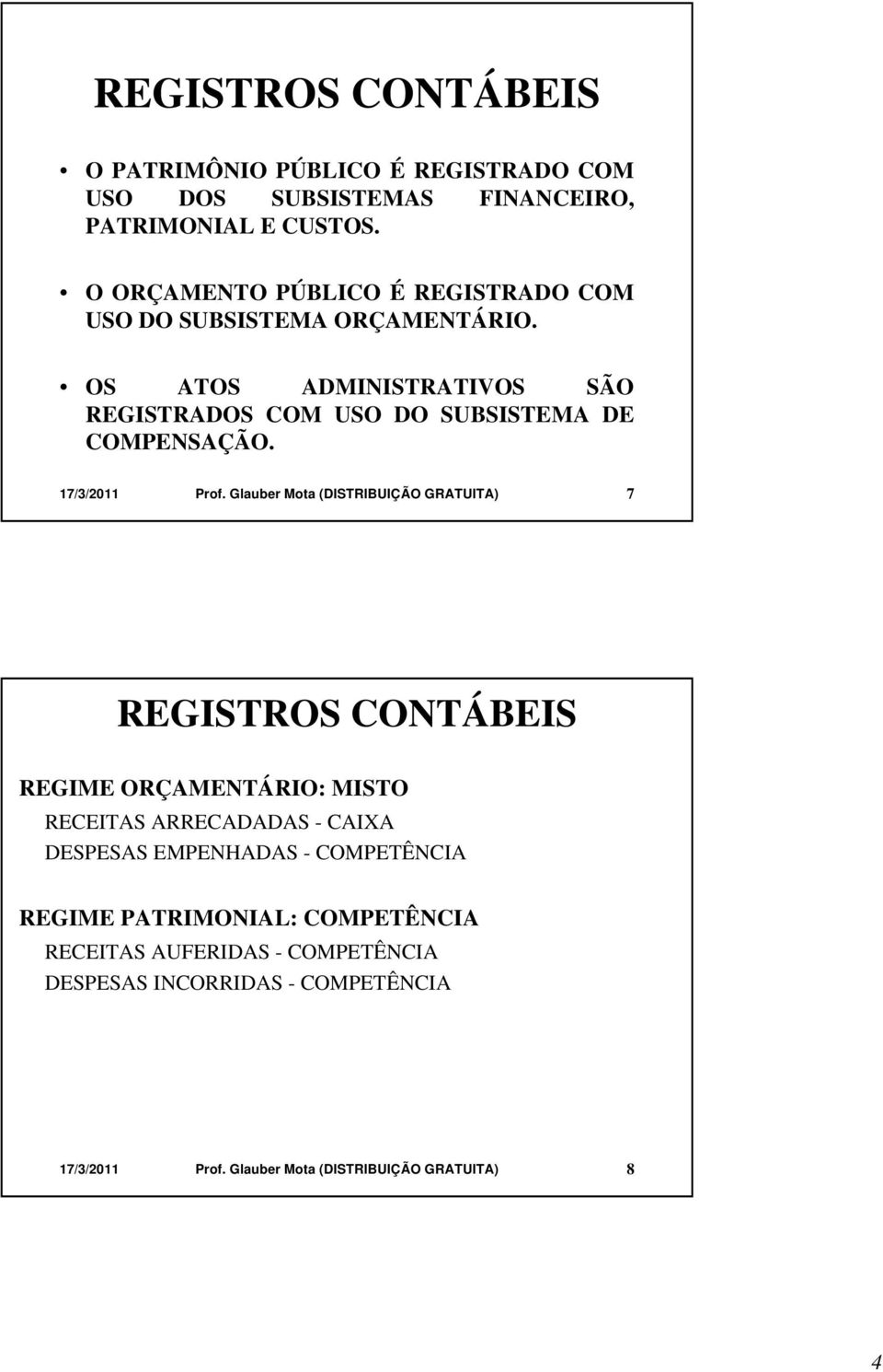 OS ATOS ADMINISTRATIVOS SÃO REGISTRADOS COM USO DO SUBSISTEMA DE COMPENSAÇÃO. 17/3/2011 Prof.