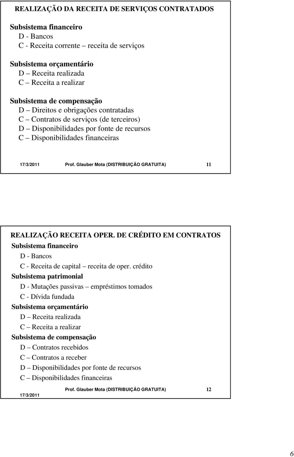 Glauber Mota (DISTRIBUIÇÃO GRATUITA) 11 REALIZAÇÃO RECEITA OPER. DE CRÉDITO EM CONTRATOS Subsistema financeiro D - Bancos C - Receita de capital receita de oper.