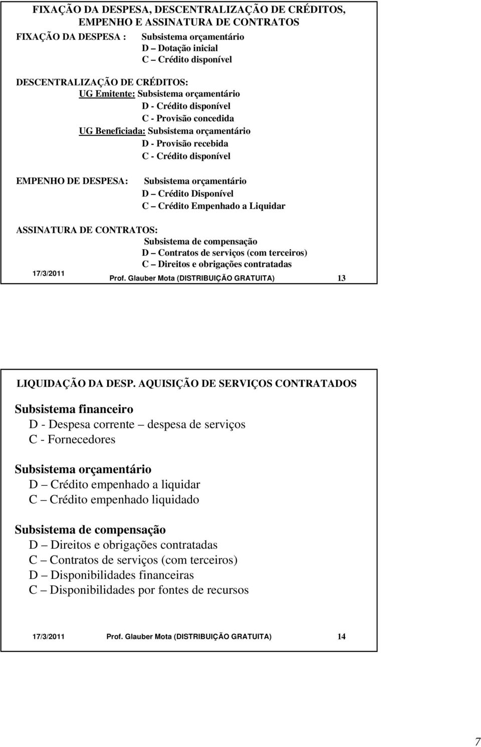 orçamentário D Crédito Disponível C Crédito Empenhado a Liquidar ASSINATURA DE CONTRATOS: Subsistema de compensação D Contratos de serviços (com terceiros) C Direitos e obrigações contratadas