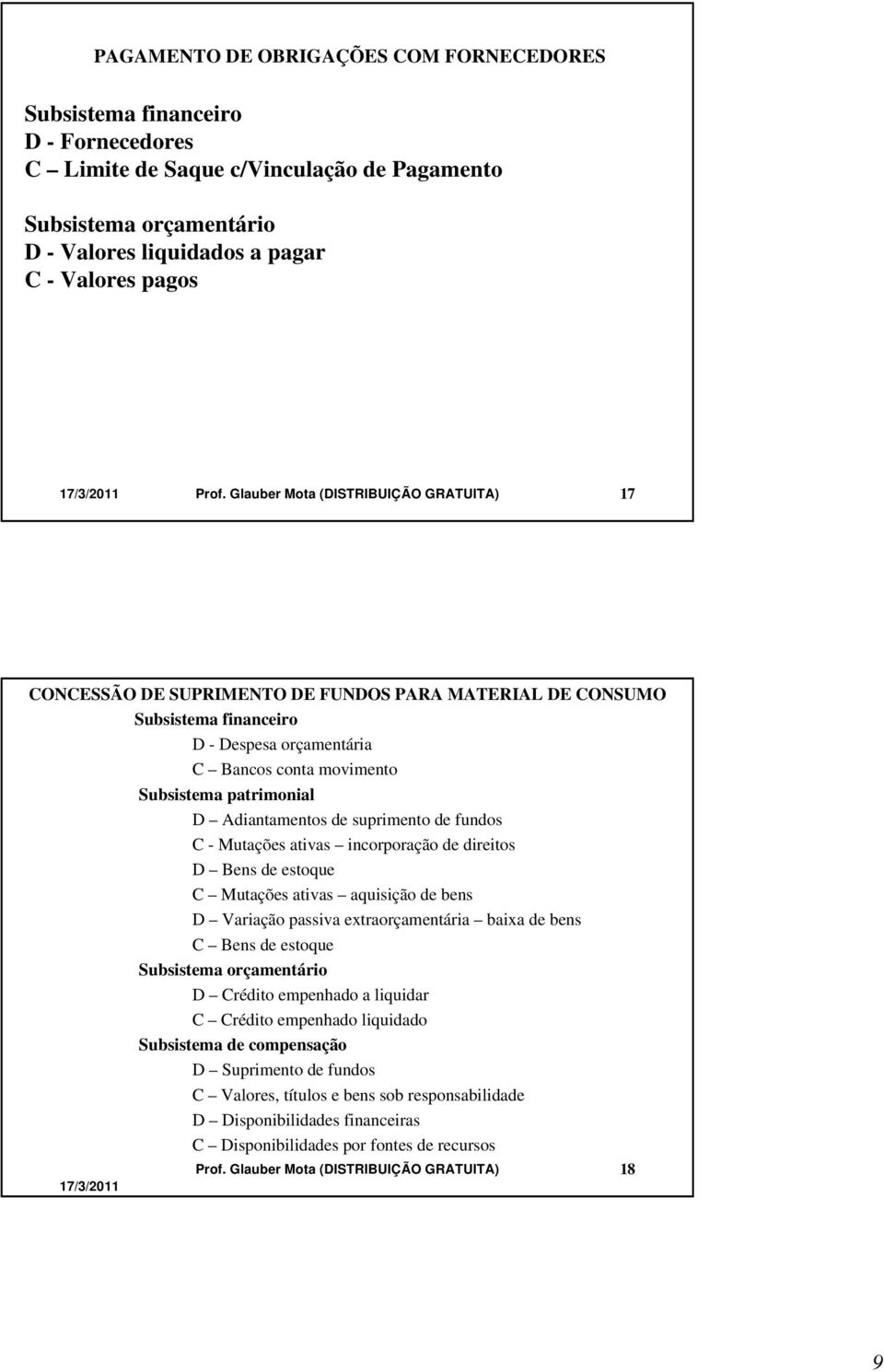 Glauber Mota (DISTRIBUIÇÃO GRATUITA) 17 CONCESSÃO DE SUPRIMENTO DE FUNDOS PARA MATERIAL DE CONSUMO Subsistema financeiro D - Despesa orçamentária C Bancos conta movimento Subsistema patrimonial D