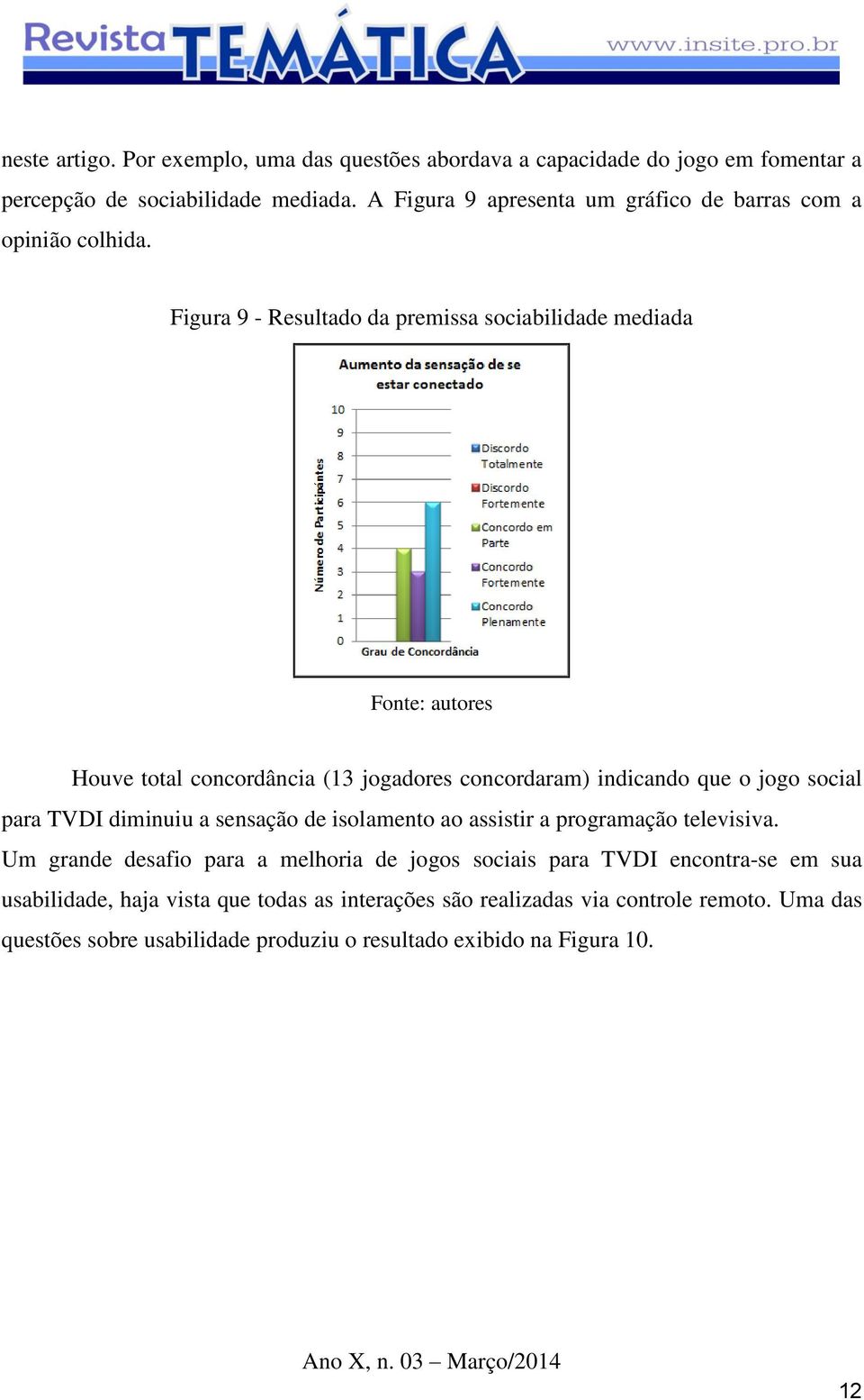 Figura 9 - Resultado da premissa sociabilidade mediada Fonte: autores Houve total concordância (13 jogadores concordaram) indicando que o jogo social para TVDI