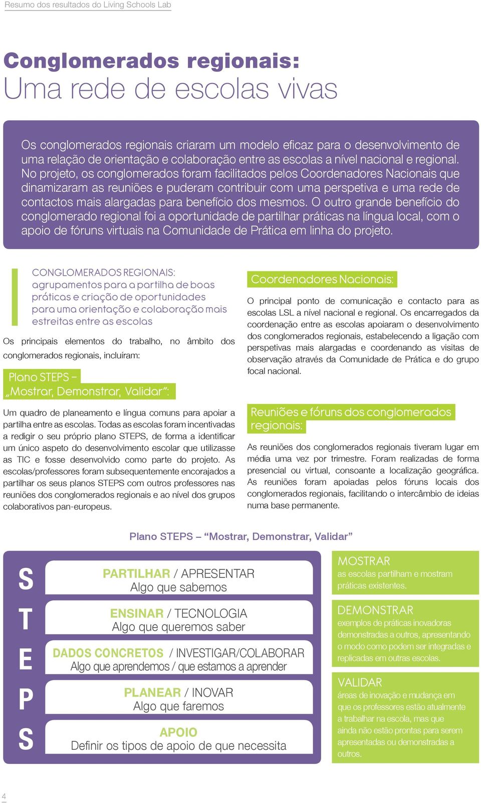 No projeto, os conglomerados foram facilitados pelos coordenadores Nacionais que dinamizaram as reuniões e puderam contribuir com uma perspetiva e uma rede de contactos mais alargadas para benefício