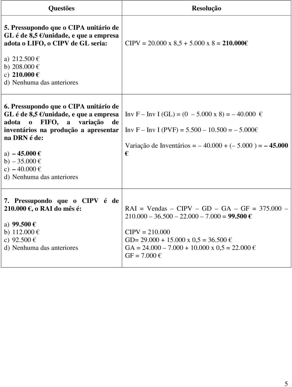 000 Inv F Inv I (GL) = (0 5.000 x 8) = 40.000 Inv F Inv I (PVF) = 5.500 10.500 = 5.000 Variação de Inventários = 40.000 + ( 5.000 ) = 45.000 7. Pressupondo que o CIPV é de 210.