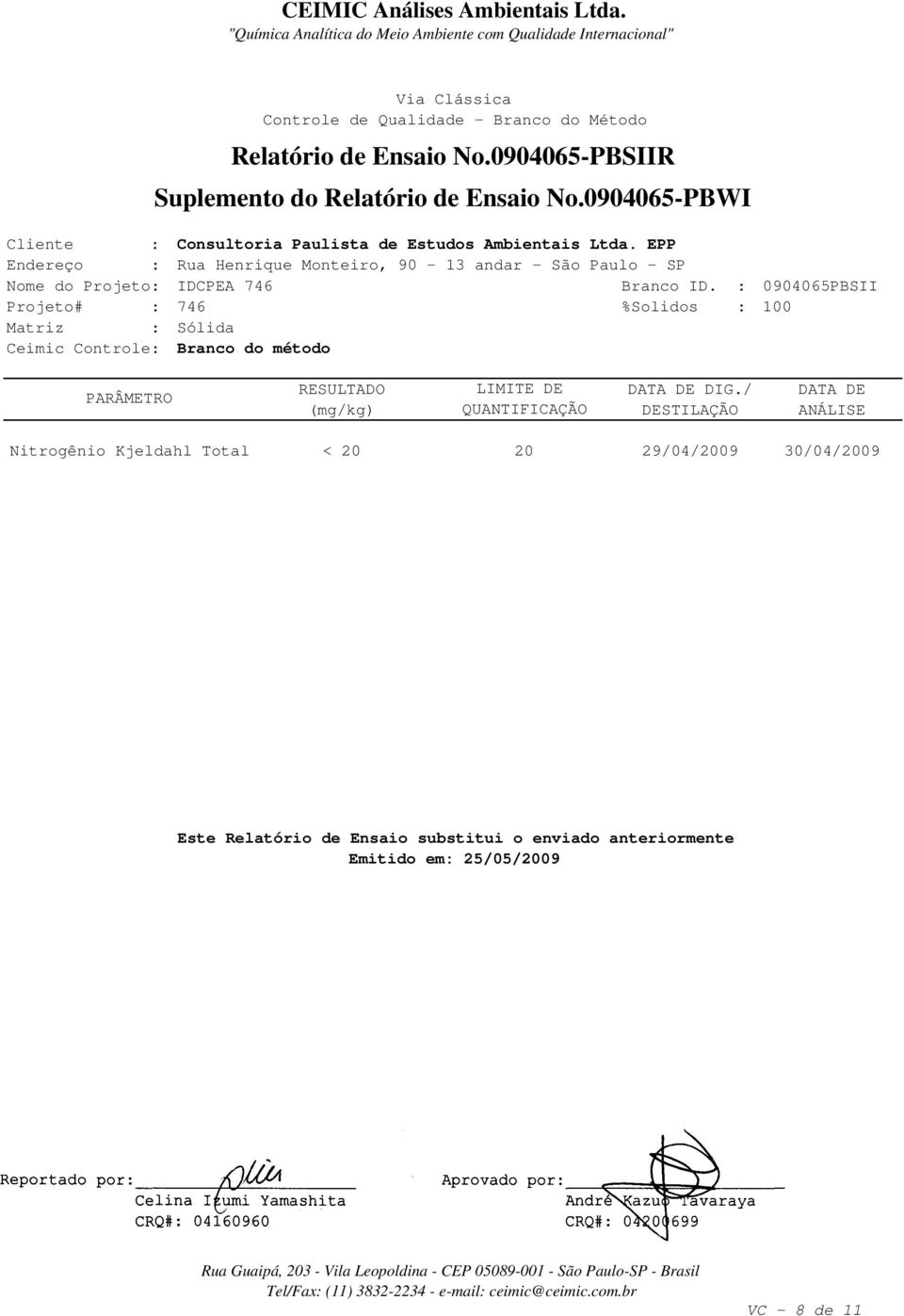 : 0904065PBSII Projeto# : 746 %Solidos : 100 Matriz : Sólida Ceimic Controle: Branco do método PARÂMETRO Nitrogênio Kjeldahl Total RESULTADO (mg/kg) < 20 LIMITE DE