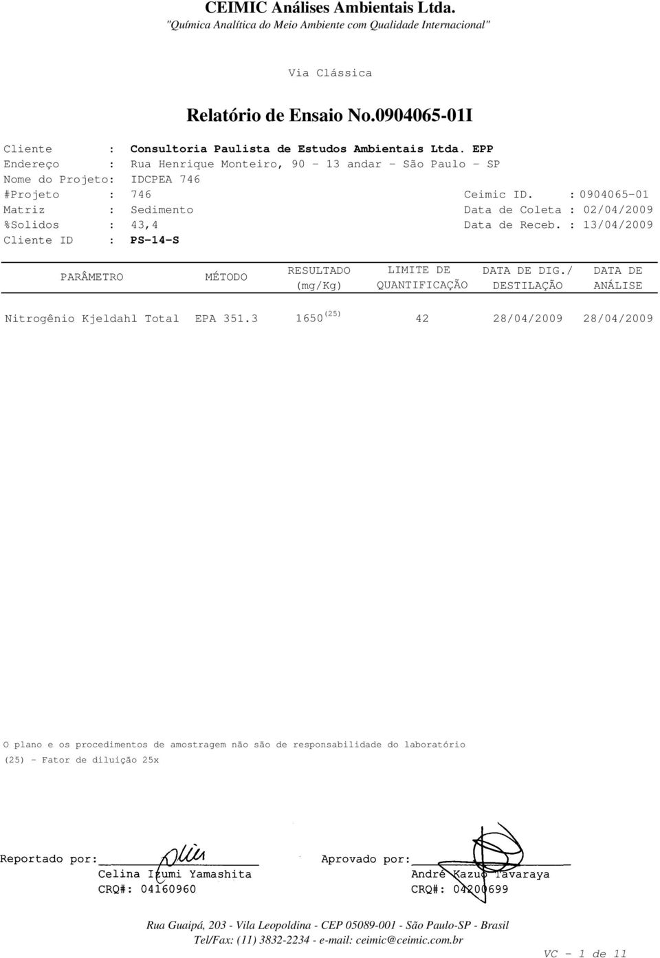 : 13/04/2009 Cliente ID : PS-14-S PARÂMETRO MÉTODO RESULTADO LIMITE DE DATA DE DIG.