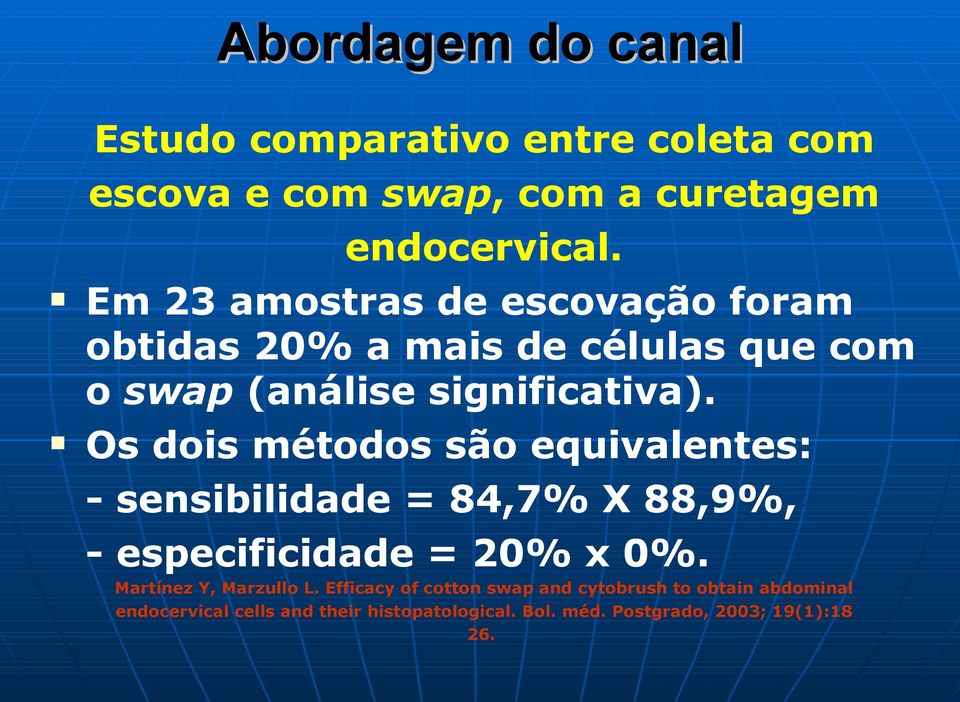 Os dois métodos são equivalentes: - sensibilidade = 84,7% X 88,9%, - especificidade = 20% x 0%.