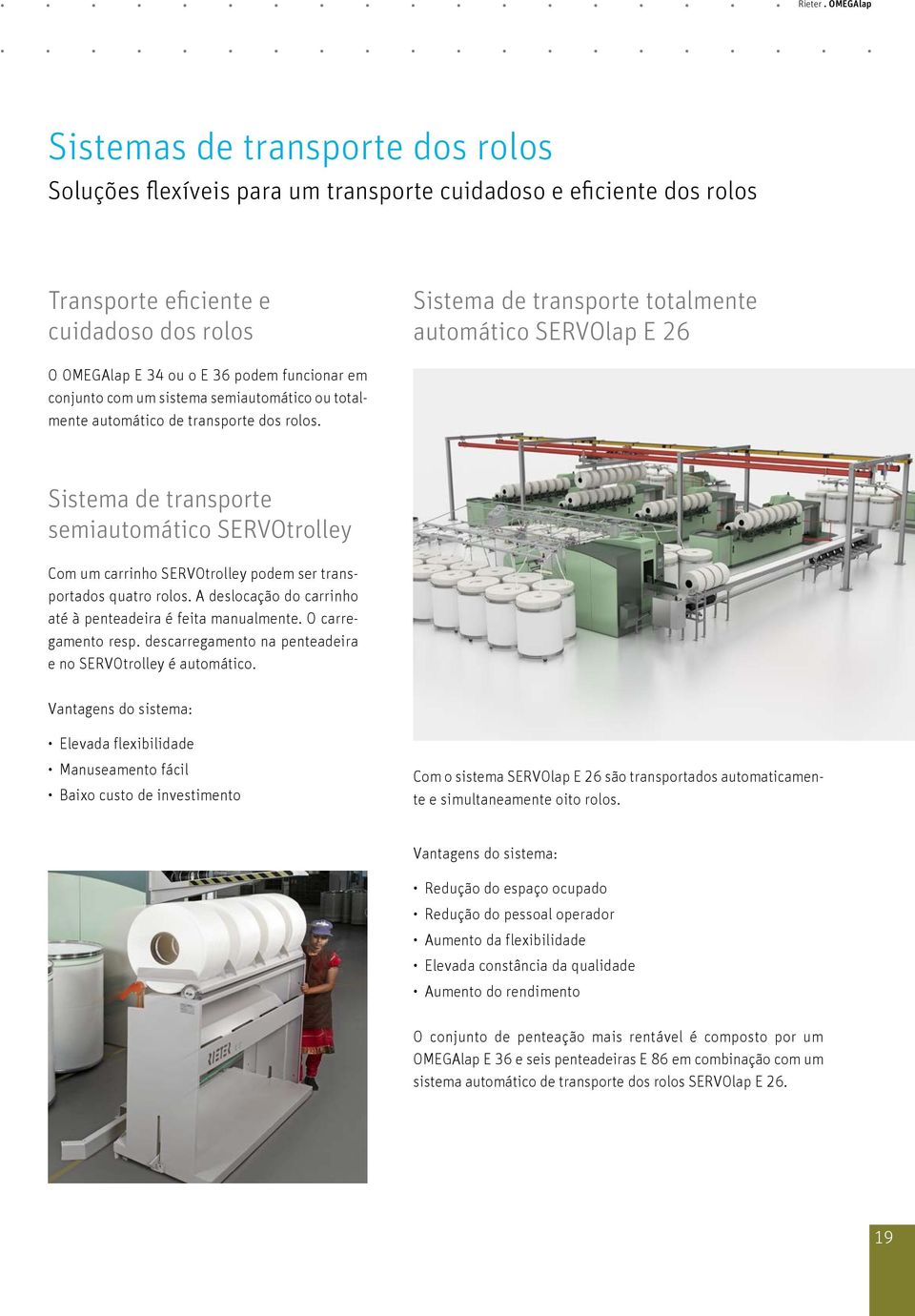 Sistema de transporte semiautomático SERVOtrolley Com um carrinho SERVOtrolley podem ser transportados quatro rolos. A deslocação do carrinho até à penteadeira é feita manualmente.