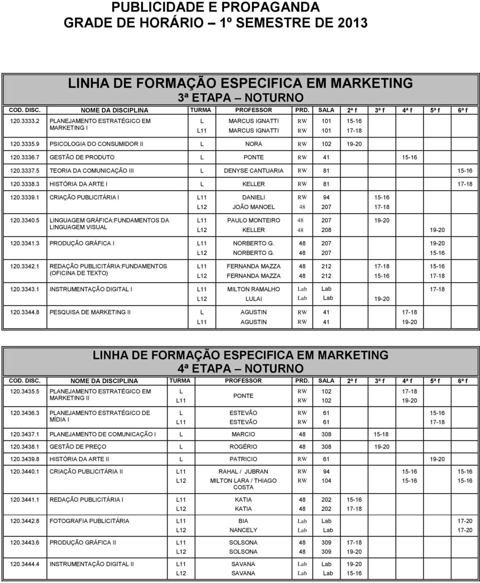 3340.5 LINGUAGEM GRÁFICA:FUNDAMENTOS DA LINGUAGEM VISUAL L11 KELLER 120.3341.3 PRODUÇÃO GRÁFICA I L11 NORBERTO G. NORBERTO G. 120.3342.