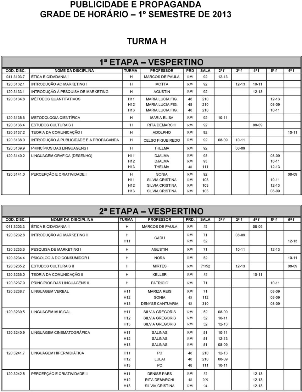 6 METODOLOGIA CIENTÍFICA H MARIA ELISA 92 120.3136.4 ESTUDOS CULTURAIS I H RITA DEMARCHI 92 120.3137.2 TEORIA DA COMUNICAÇÃO I H ADOLPHO 92 120.3138.