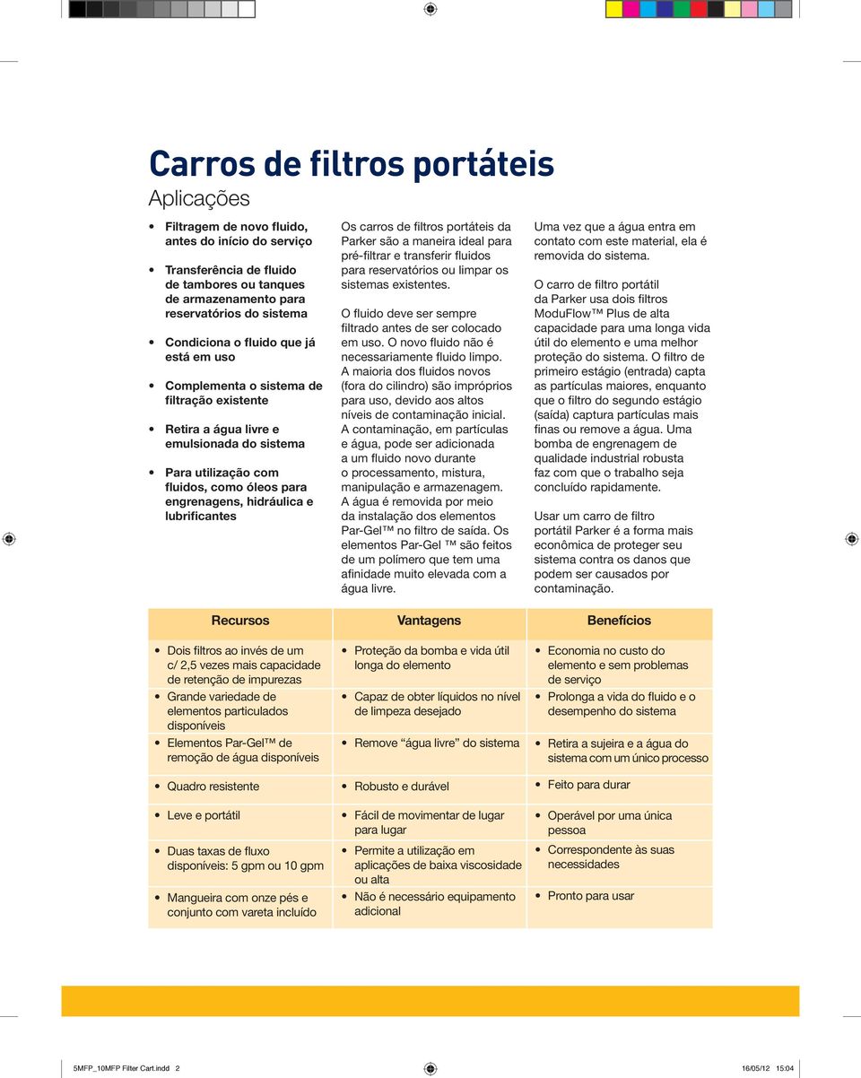 lubrificantes Os carros de filtros portáteis da Parker são a maneira ideal para pré-filtrar e transferir fluidos para reservatórios ou limpar os sistemas existentes.