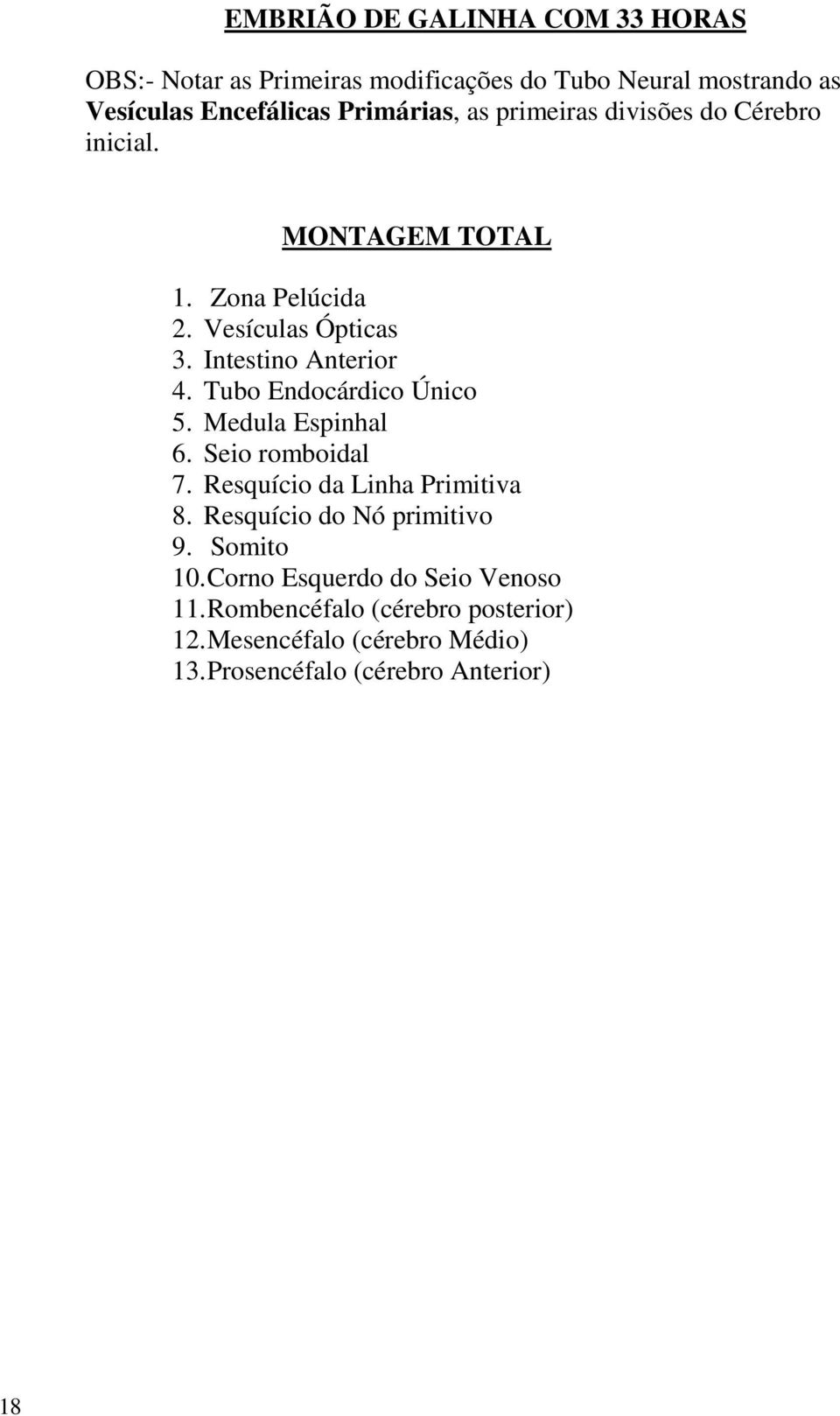 Tubo Endocárdico Único 5. Medula Espinhal 6. Seio romboidal 7. Resquício da Linha Primitiva 8. Resquício do Nó primitivo 9.