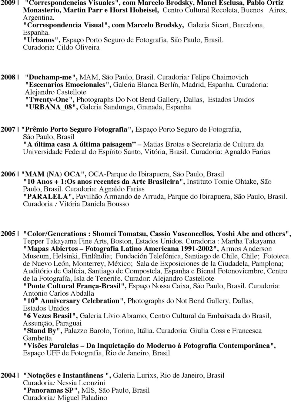 Curadoria: Cildo Oliveira 2008 "Duchamp-me", MAM, São Paulo, Brasil. Curadoria: Felipe Chaimovich "Escenarios Emocionales", Galeria Blanca Berlín, Madrid, Espanha.