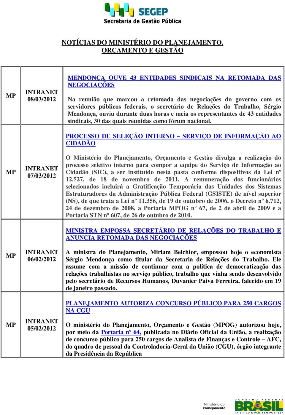 PROCESSO DE SELEÇÃO INTERNO SERVIÇO DE INFORMAÇÃO AO CIDADÃO O Ministério do Planejamento, Orçamento e Gestão divulga a realização do processo seletivo interno para compor a equipe do Serviço de