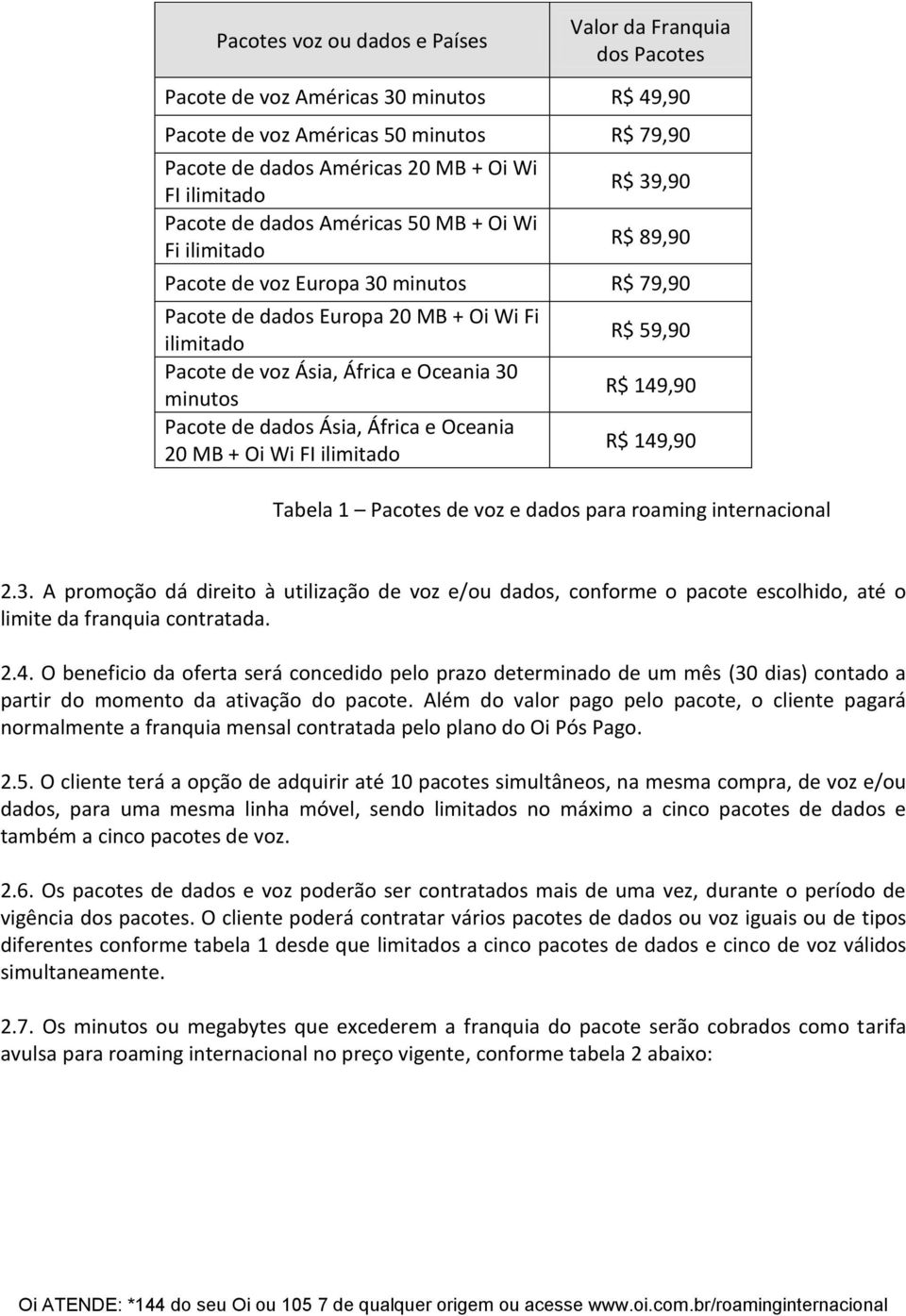 África e Oceania 20 MB + Oi Wi FI ilimitado 59,90 149,90 149,90 Tabela 1 Pacotes de voz e dados para roaming internacional 2.3.