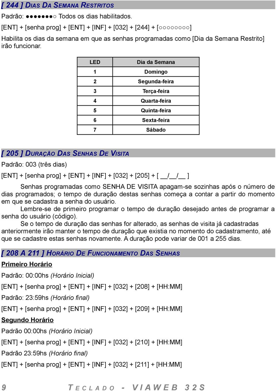 LED Dia da Semana 1 Domingo 2 Segunda-feira 3 Terça-feira 4 Quarta-feira 5 Quinta-feira 6 Sexta-feira 7 Sábado [ 205 ] DURAÇÃO DAS SENHAS DE VISITA Padrão: 003 (três dias) [ENT] + [senha prog] +