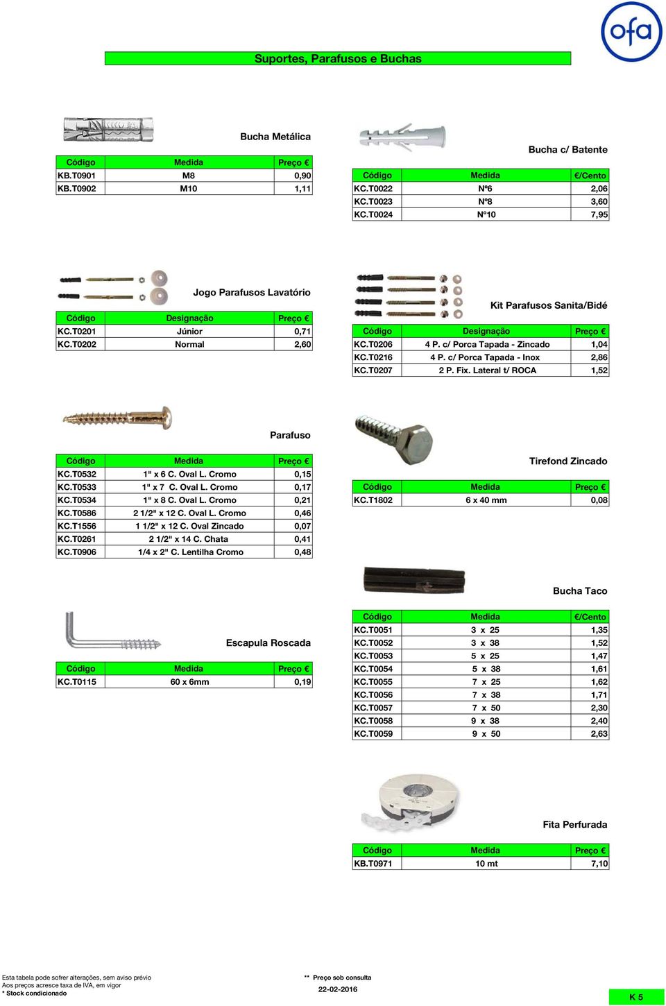 c/ Porca Tapada - Zincado 1,04 KC.T0216 4 P. c/ Porca Tapada - Inox 2,86 KC.T0207 2 P. Fix. Lateral t/ ROCA 1,52 Parafuso Tirefond Zincado KC.T0532 1" x 6 C. Oval L. Cromo 0,15 KC.T0533 1" x 7 C.