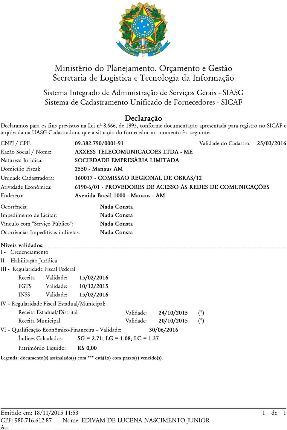 790/0001-91 Validade do Cadastro: 25/03/2016 Razão Social / Nome: Natureza Jurídica: Domicílio Fiscal: Unidade Cadastradora: Atividade Econômica: Endereço: Ocorrência: Impedimento de Licitar: Vínculo