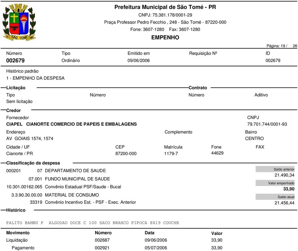 065 Convênio Estadual PSF/Saude - Bucal 3.3.90.30.00.00 MATERIAL DE CONSUMO 33319 Convênio Incentivo Est. - PSF - Exec. Anterior 21.