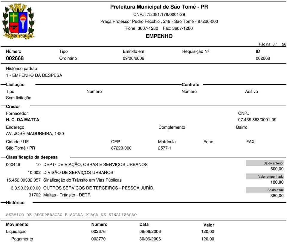 057 Sinalização do Trânsito em Vias Públicas 3.3.90.39.00.00 OUTROS SERVIÇOS DE TERCEIROS - PESSOA JURÍD.