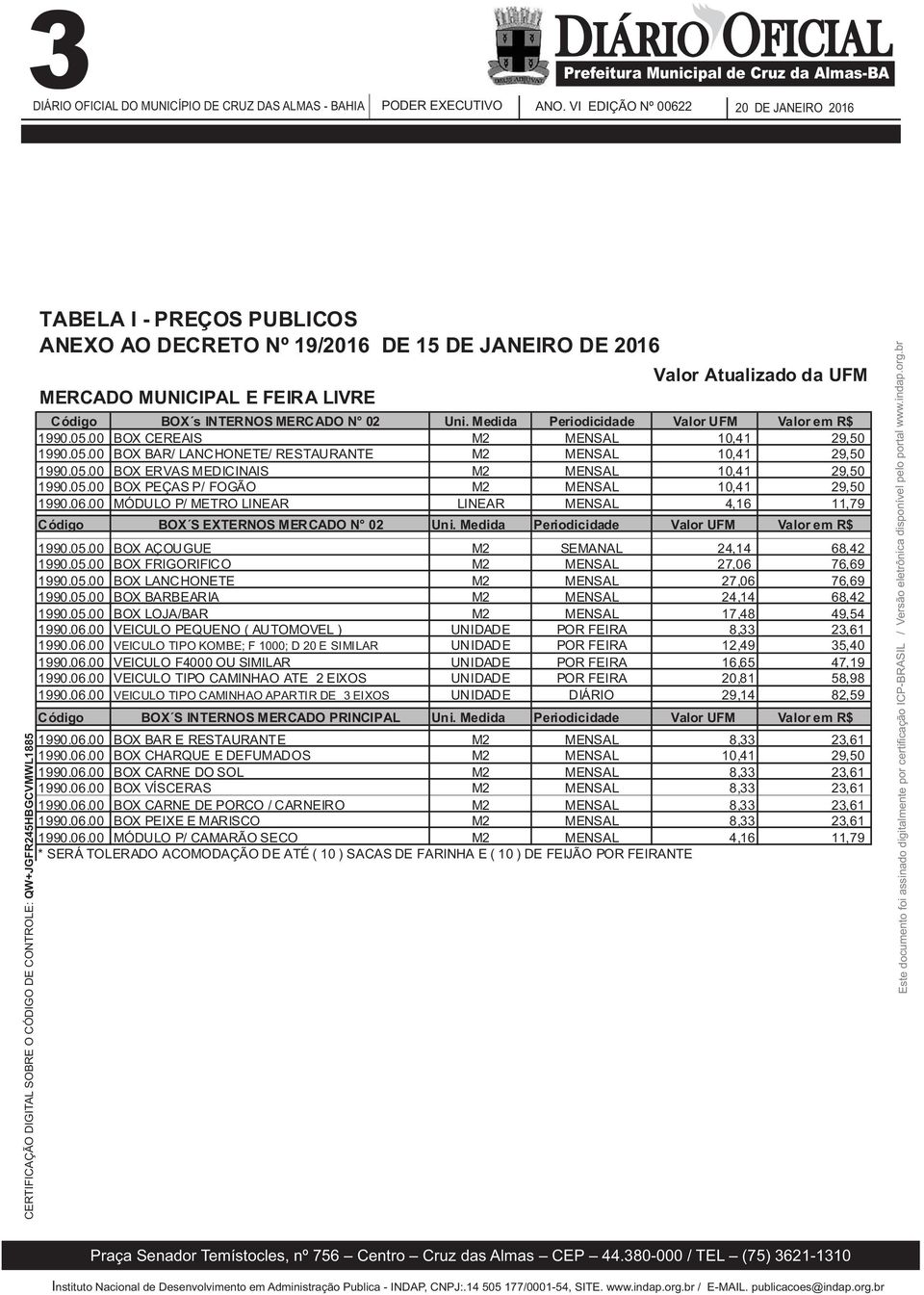 05.00 BOX PEÇAS P/ FOGÃO M2 MENSAL 10,41 29,50 1990.06.00 MÓDULO P/ METRO LINEAR LINEAR MENSAL 4,16 11,79 BOX S EXTERNOS MERCADO N 02 Uni. Medida Periodicidade Valor UFM Valor em R$ 1990.05.00 BOX AÇOUGUE M2 SEMANAL 24,14 68,42 1990.