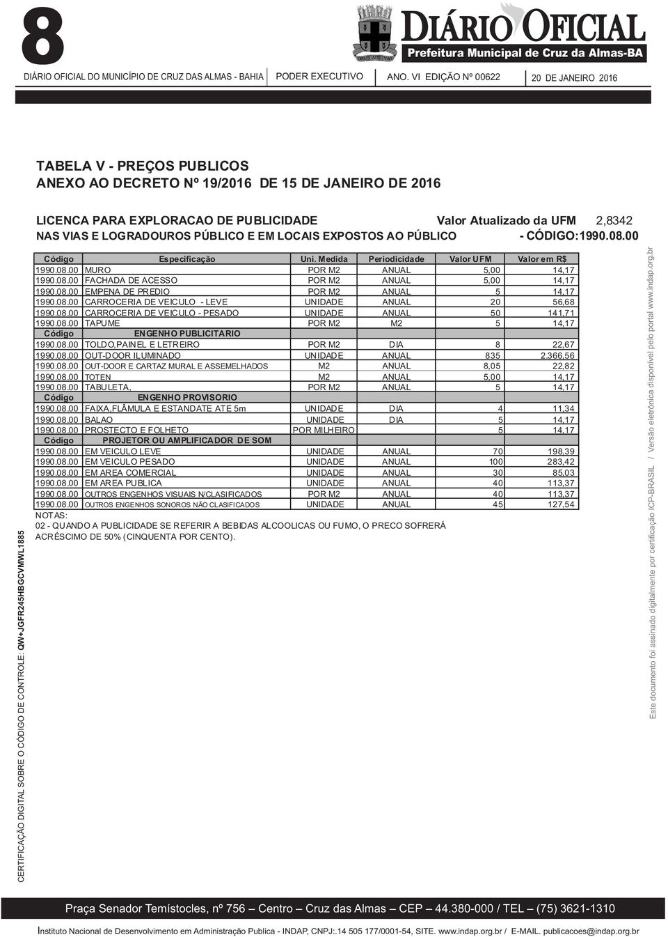 08.00 EMPENA DE PREDIO POR M2 ANUAL 5 14,17 1990.08.00 CARROCERIA DE VEICULO - LEVE UNIDADE ANUAL 20 56,68 1990.08.00 CARROCERIA DE VEICULO - PESADO UNIDADE ANUAL 50 141,71 1990.08.00 TAPUME POR M2 M2 5 14,17 ENGENHO PUBLICITARIO 1990.