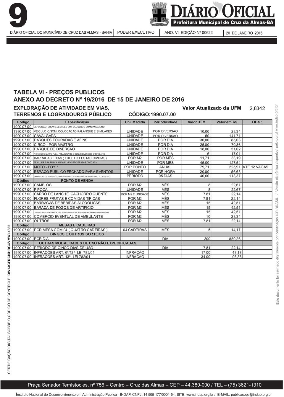 07.00 CAVALGADA UNIDADE POR DIVERSAO 50 141,71 1990.07.00 PARQUES TOURADAS E AFINS UNIDADE POR DIA 30,00 85,03 1990.07.00 CIRCO - POR MASTRO UNIDADE POR DIA 25,00 70,86 1990.07.00 PARQUE DE DIVERSAO UNIDADE POR DIA 18,00 51,02 1990.