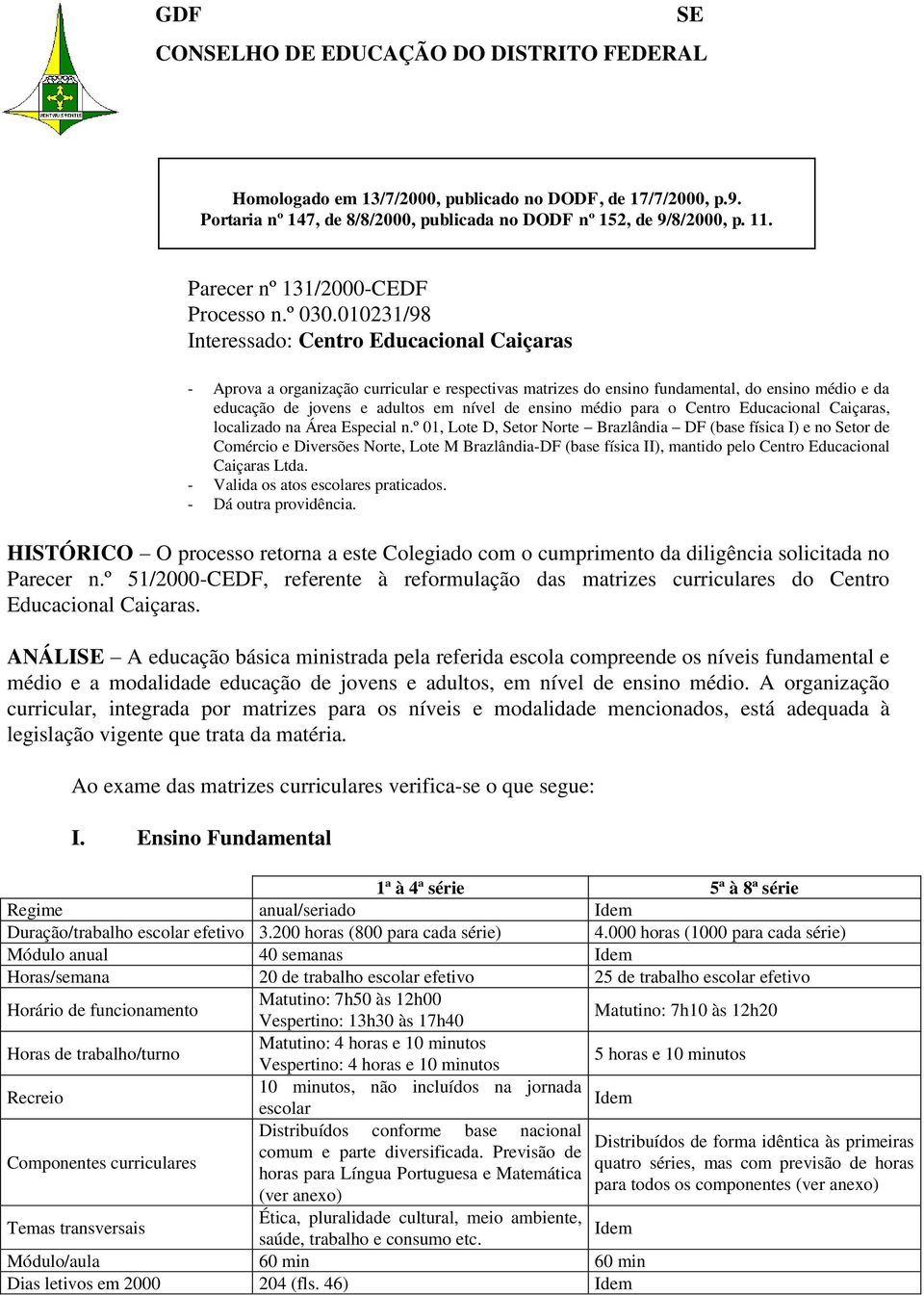 010231/98 Interessado: Centro Educacional Caiçaras - Aprova a organização curricular e respectivas matrizes do ensino fundamental, do ensino médio e da educação de jovens e adultos em nível de ensino