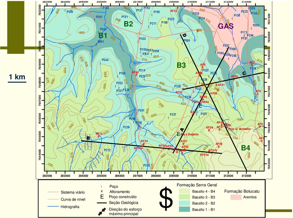 650 675 AF22 210500 211500 P218 P116 P327 AF38 P328 P326 AF41 P335 P325 AF42 AF39 P236 AF44 Poço Limeira P237 700!E D B3 A AF37 AF34AF35 AF50 AF36AF49 AF9 Poço Brejinho 550 AF8!