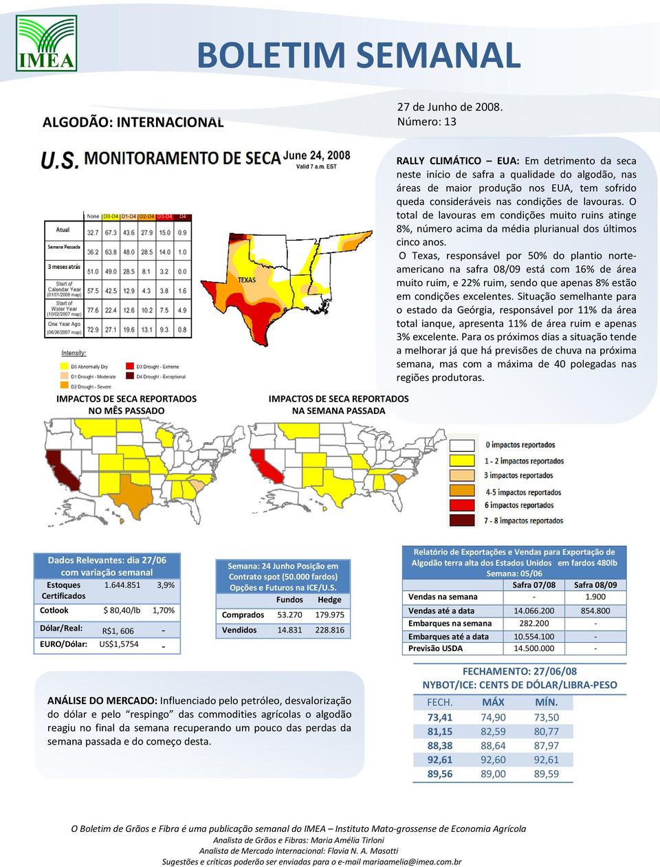 O Texas, responsável por 50% do plantio norteamericano na safra 08/09 está com 16% de área muito ruim, e 22% ruim, sendo que apenas 8% estão em condições excelentes.