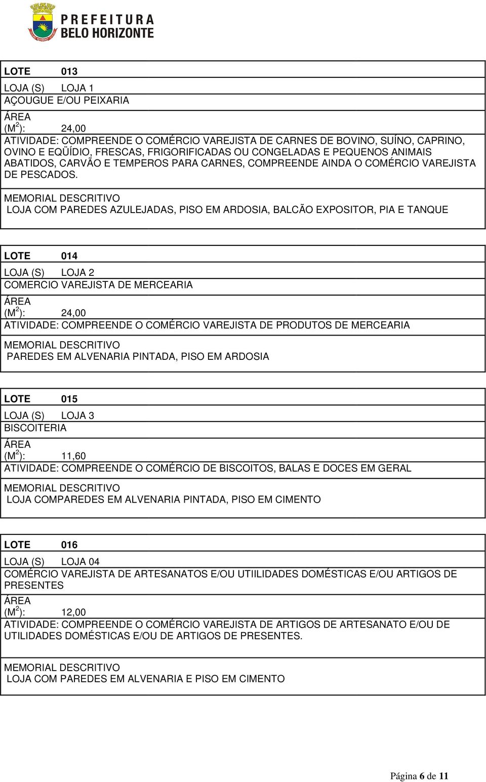 LOJA COM PAREDES AZULEJADAS, PISO EM ARDOSIA, BALCÃO EXPOSITOR, PIA E TANQUE LOTE 014 LOJA (S) LOJA 2 COMERCIO VAREJISTA DE MERCEARIA (M 2 ): 24,00 ATIVIDADE: COMPREENDE O PRODUTOS DE MERCEARIA