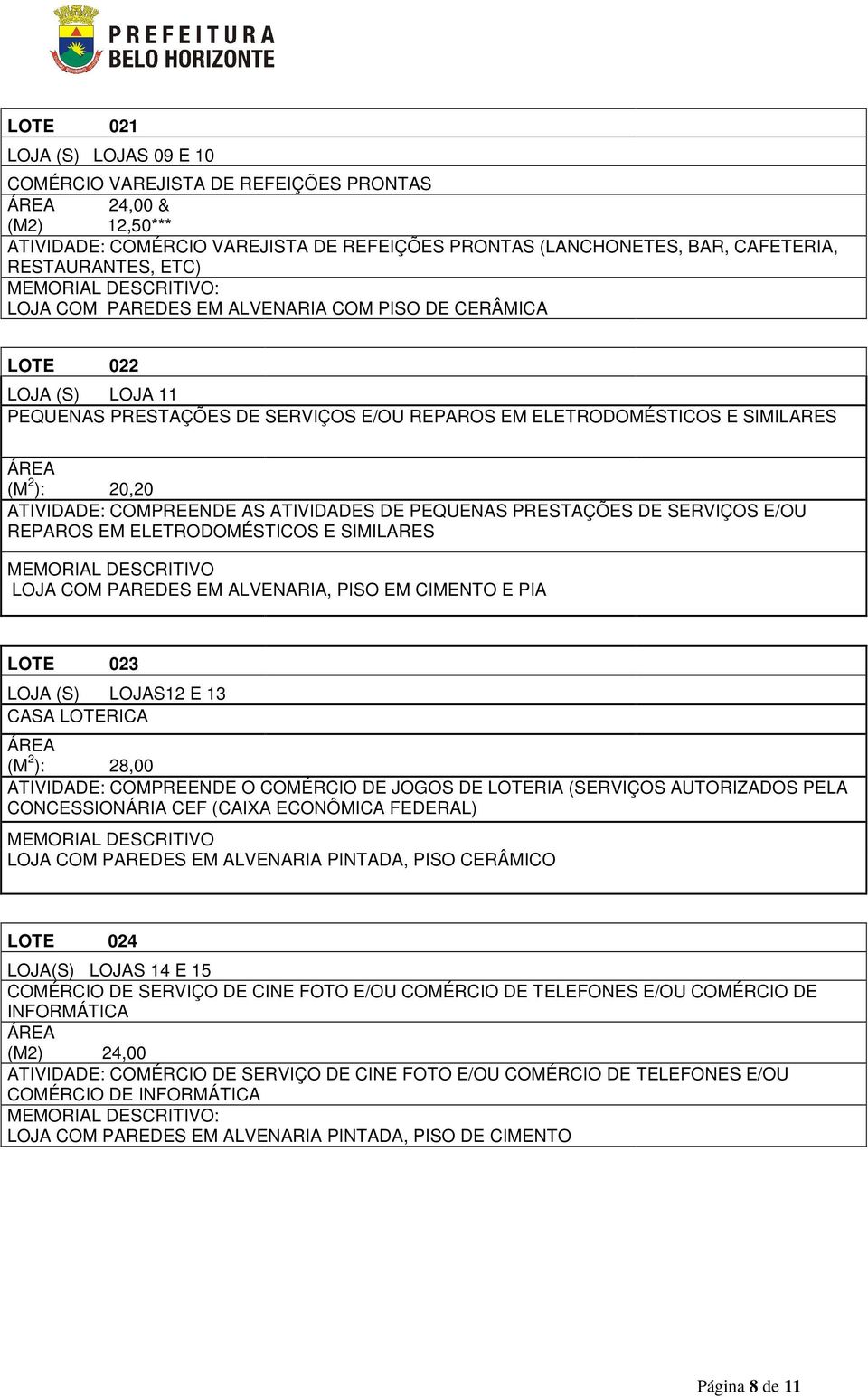 E/OU REPAROS EM ELETRODOMÉSTICOS E SIMILARES LOJA COM PAREDES EM ALVENARIA, PISO EM CIMENTO E PIA LOTE 023 LOJA (S) LOJAS12 E 13 CASA LOTERICA (M 2 ): 28,00 ATIVIDADE: COMPREENDE O COMÉRCIO DE JOGOS