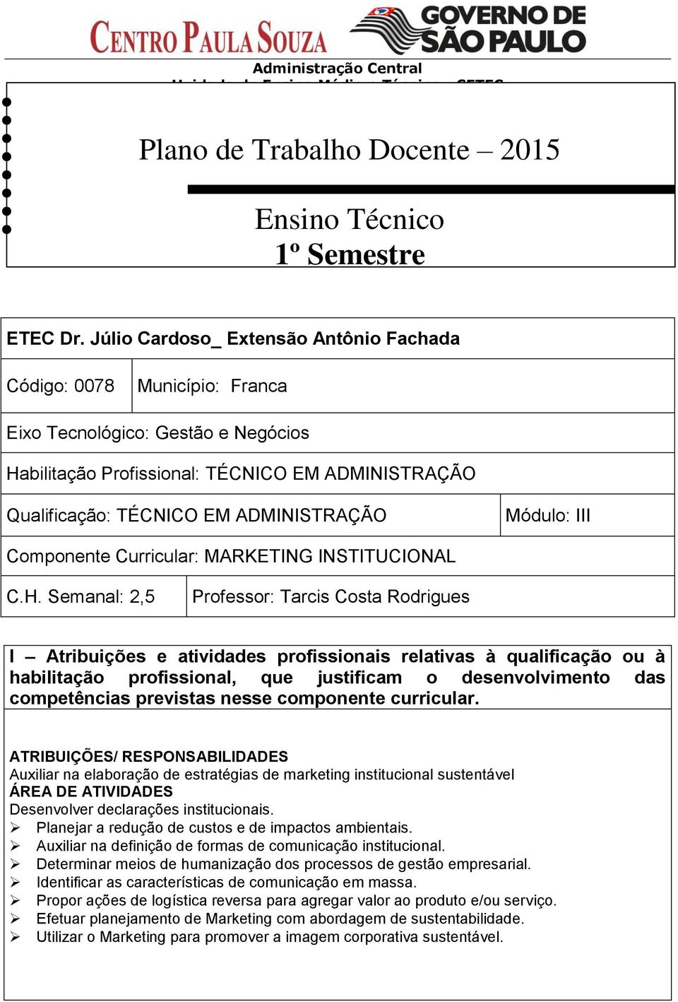 Módulo: III Componente Curricular: MARKETING INSTITUCIONAL C.H.