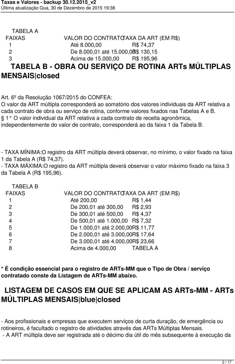 6º da Resolução 1067/2015 do CONFEA: O valor da ART múltipla corresponderá ao somatório dos valores individuais da ART relativa a cada contrato de obra ou serviço de rotina, conforme valores fixados