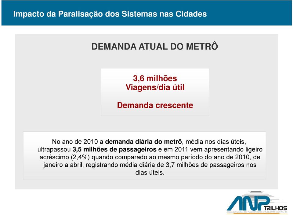 milhões de passageiros e em 2011 vem apresentando ligeiro acréscimo (2,4%) quando comparado ao mesmo